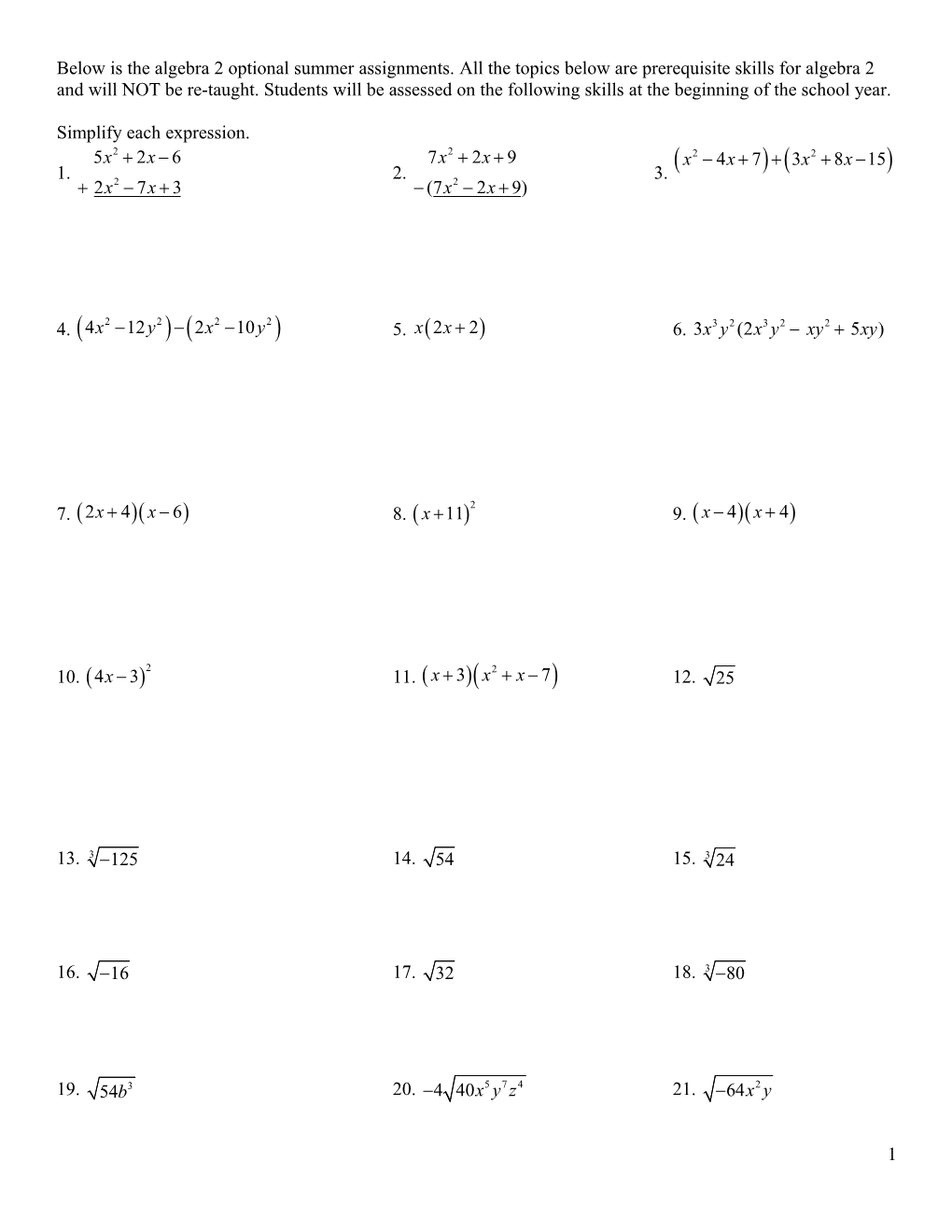 Algebra 1 Unit 1 Test A