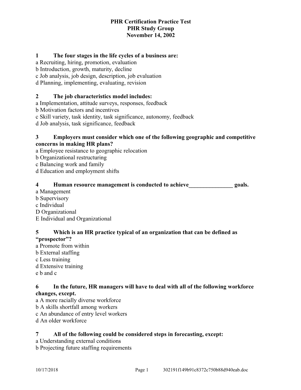 PHR Certification Practice Test