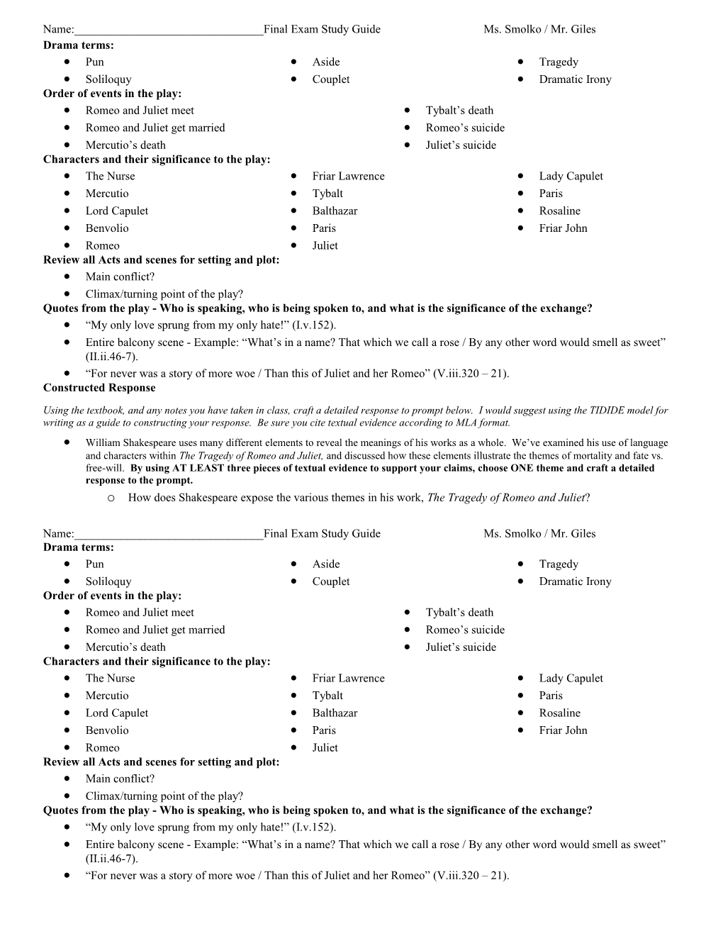 Name:______Final Exam Study Guidems. Smolko / Mr. Giles