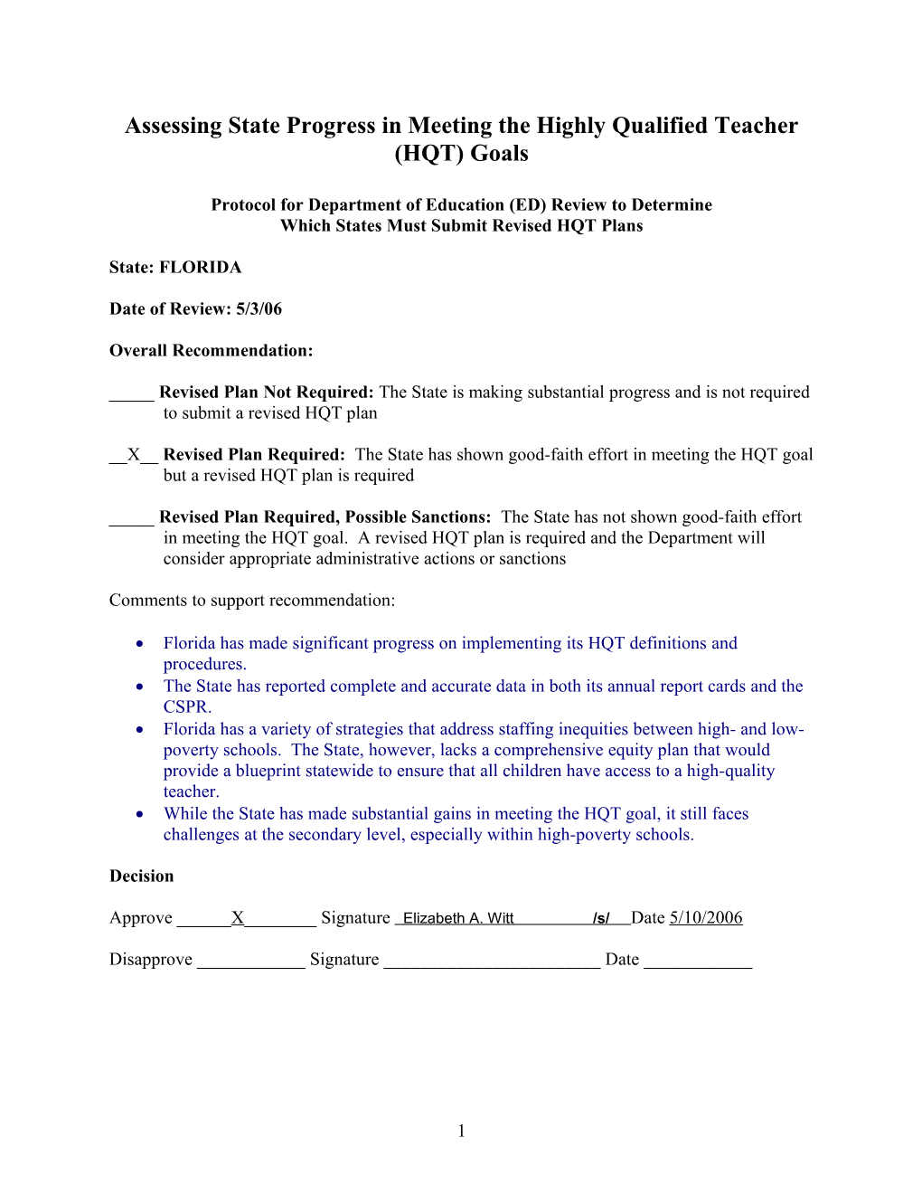 Assessing State Progress in Meeting the Highly Qualified Teacher (HQT) Goals - Florida (MS Word)