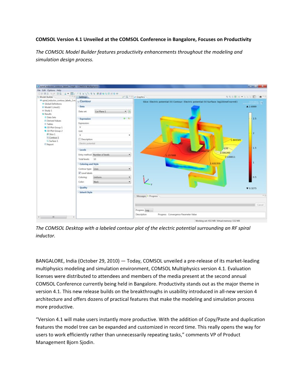 COMSOL Version 4.1 Unveiled at the COMSOL Conference in Bangalore, Focuses on Productivity