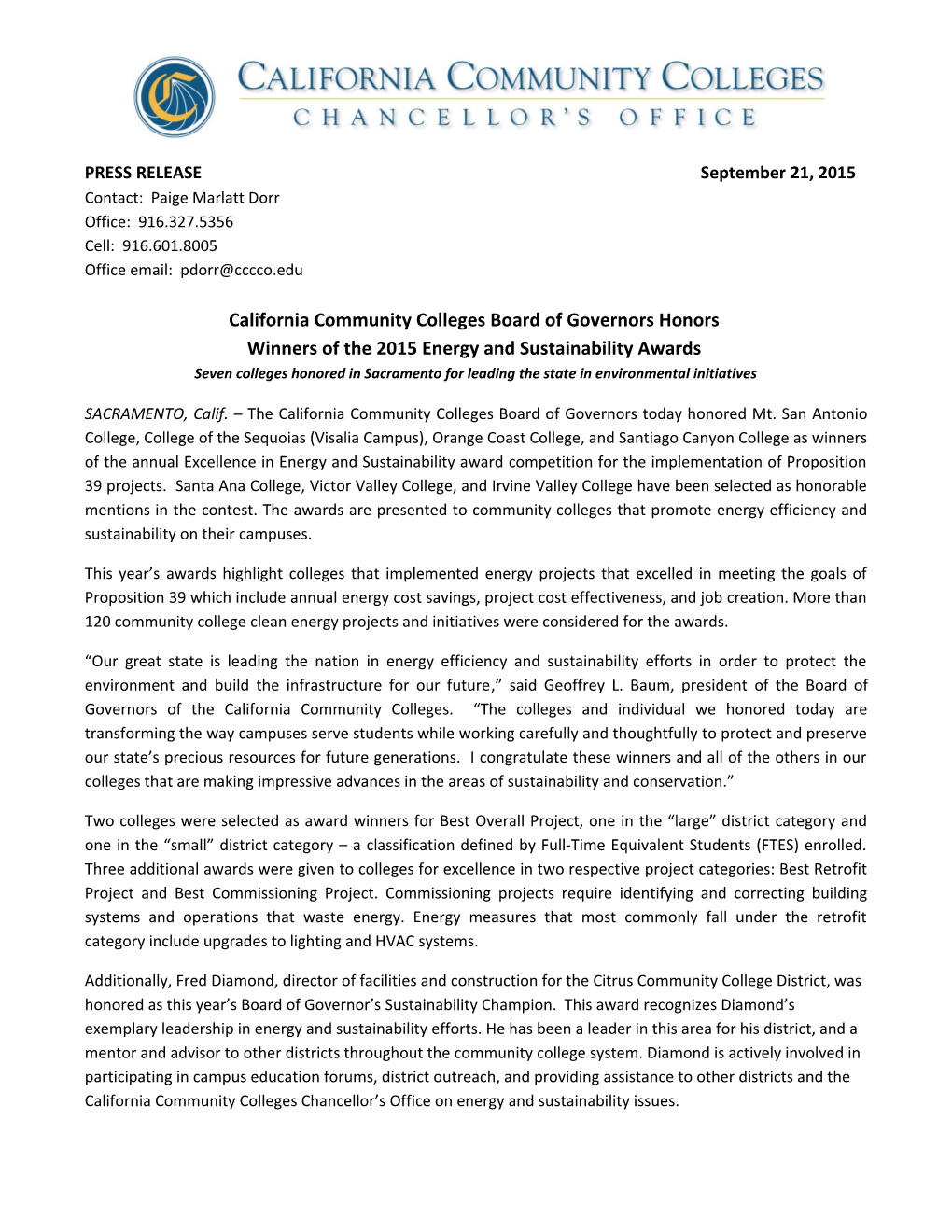 California Community Colleges Board of Governors Honors