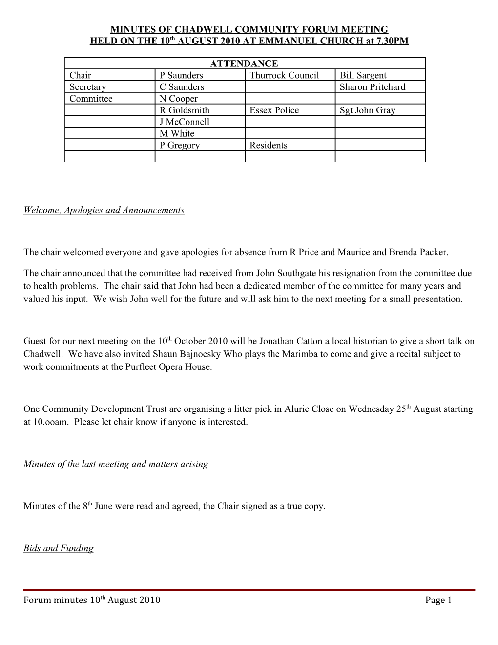 Minutes of Chadwell Community Forum Meeting