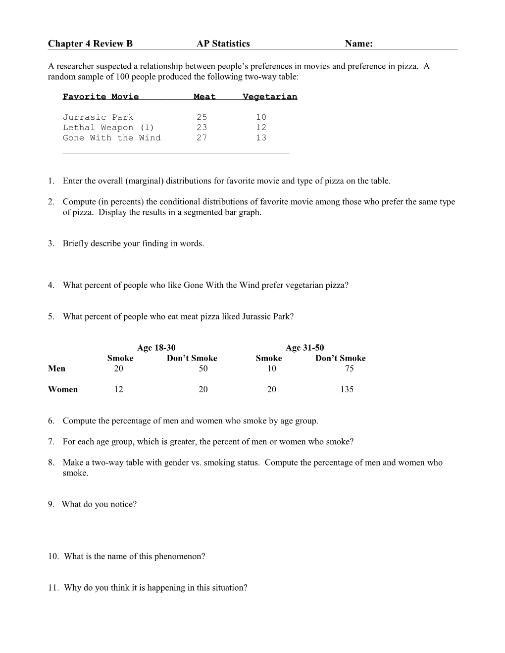 Chapter 4 Review BAP Statisticsname