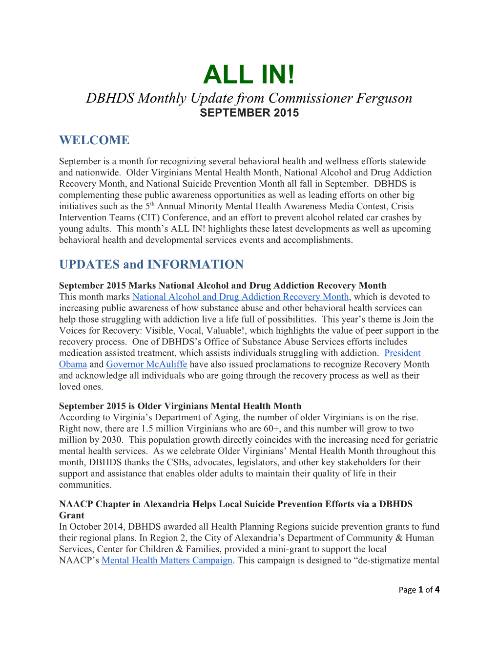 ALL IN! DBHDS Monthly Update from Commissioner Ferguson SEPTEMBER 2015