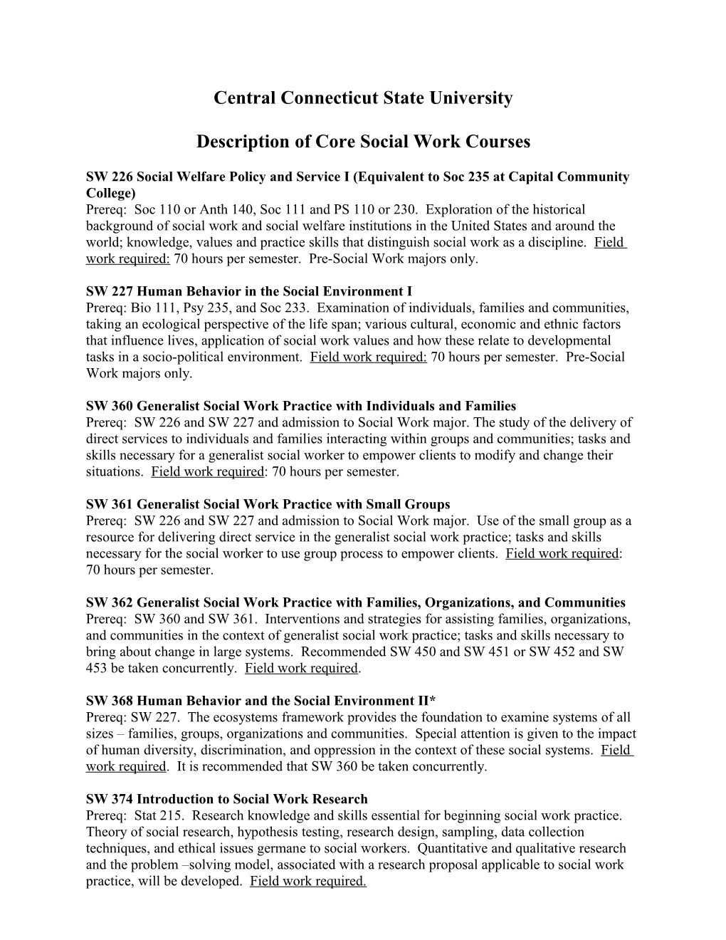 Description of Core Social Work Courses