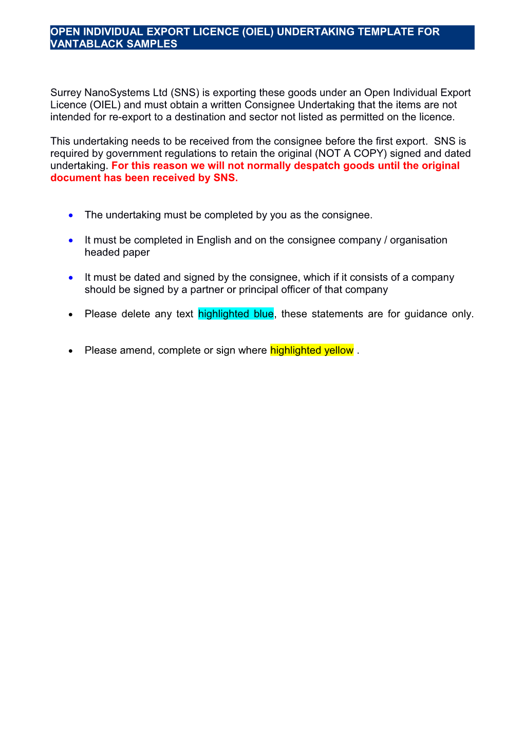 Open Individual Export Licence (Oiel) Undertaking Template for Vantablack Samples