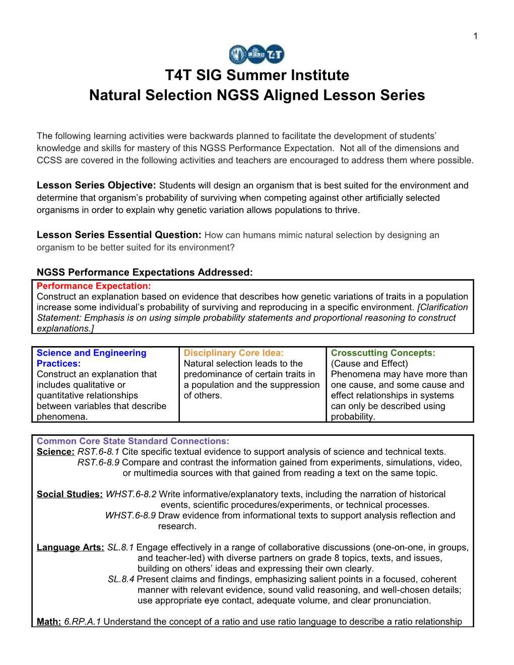 Natural Selection Unit Lesson Plans