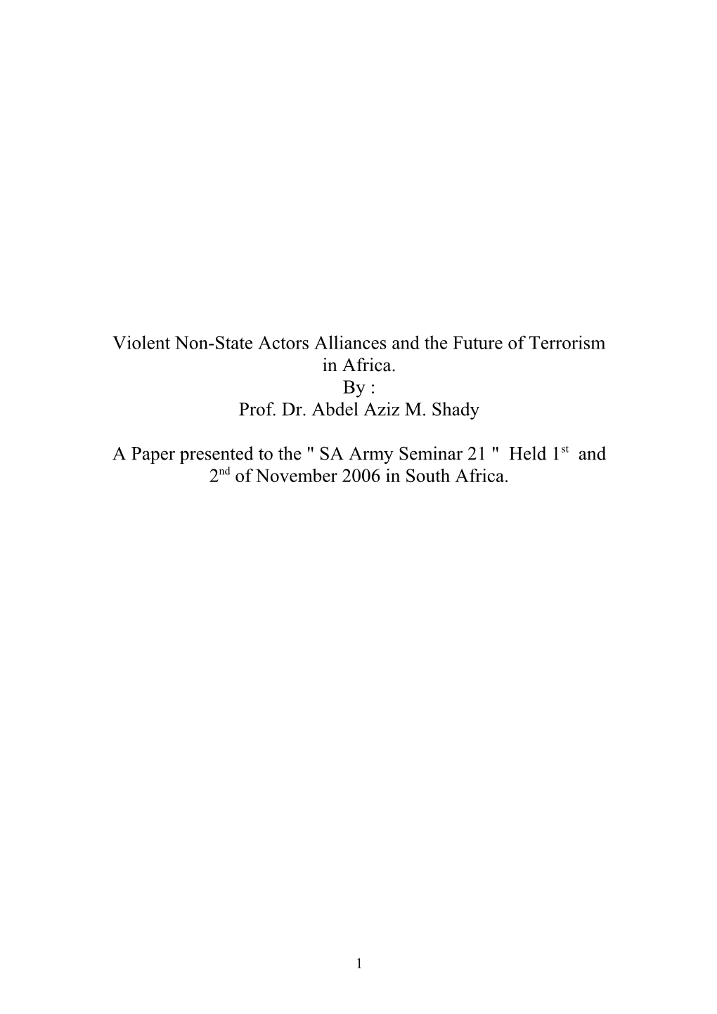 Violent Non-State Actors Alliances and the Future of Terrorism in Africa