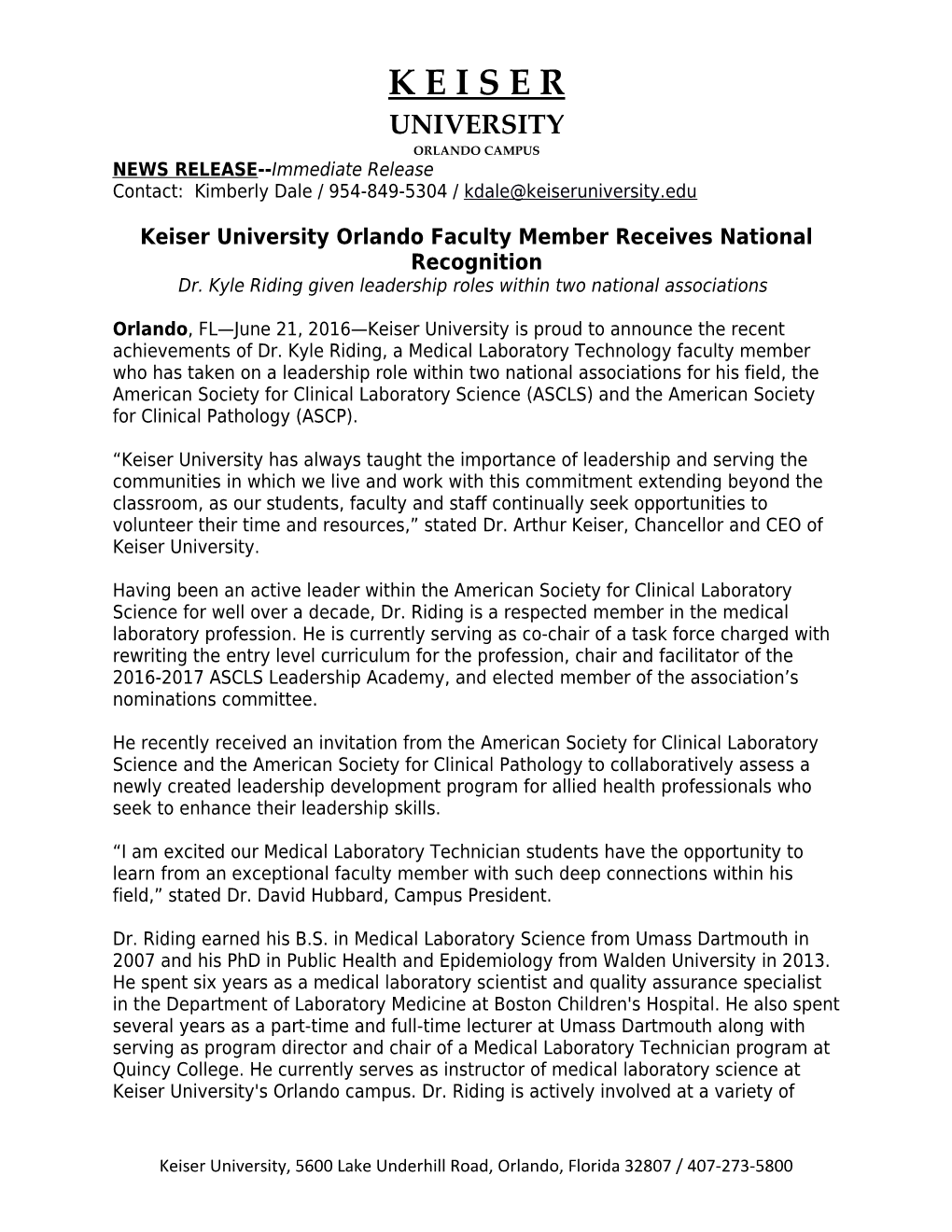 Keiser University Orlando Faculty Member Receives National Recognition