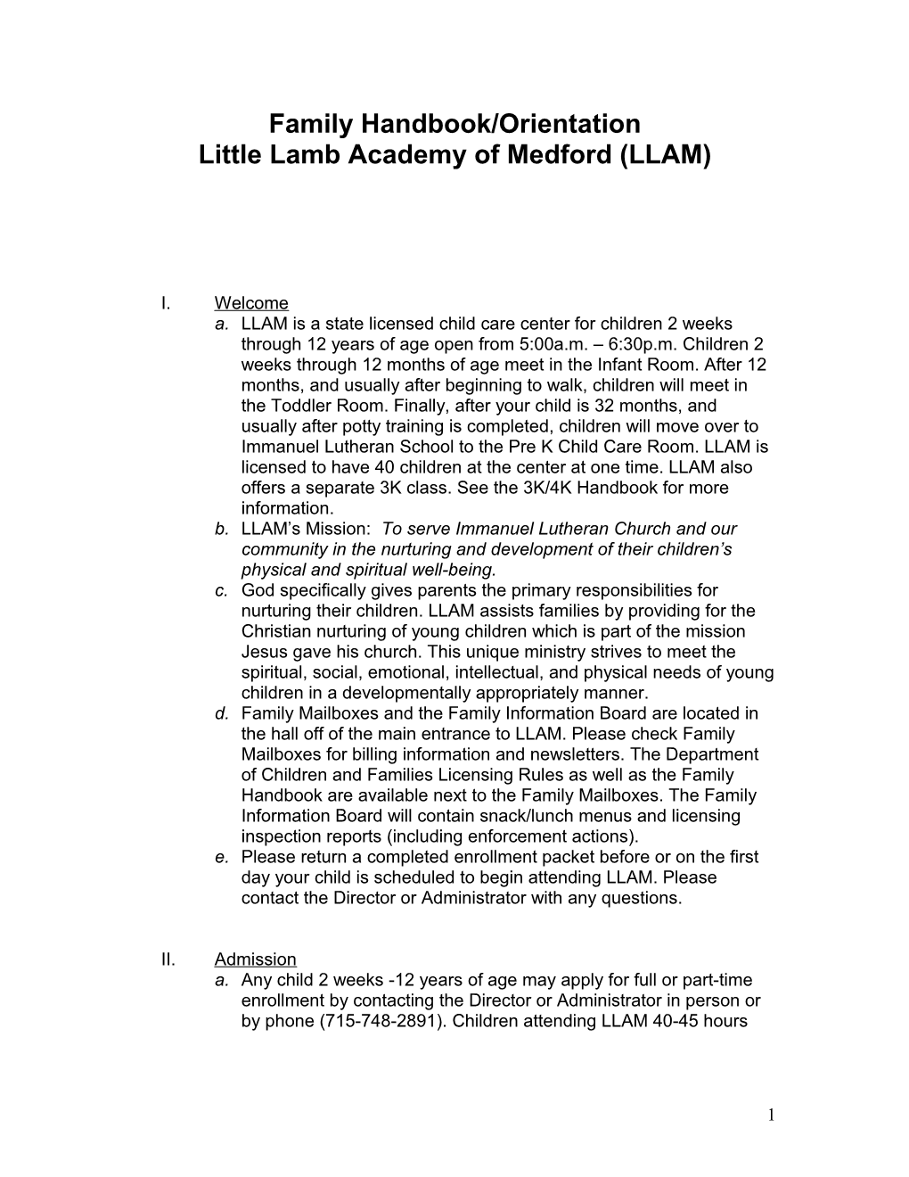 Family Handbook/Orientation Little Lamb Academy of Medford (LLAM)