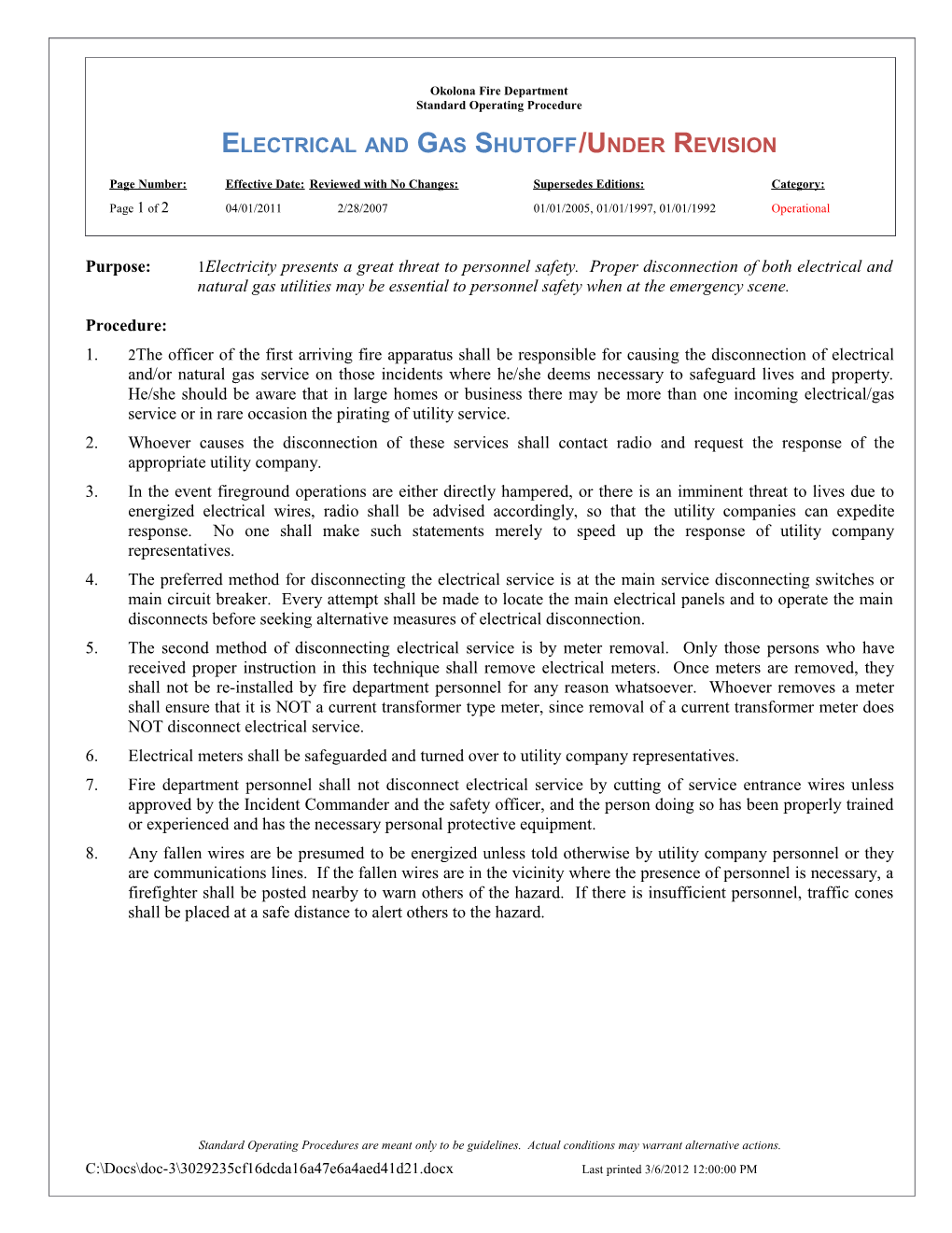 Electrical and Gas Shutoff/Under Revision