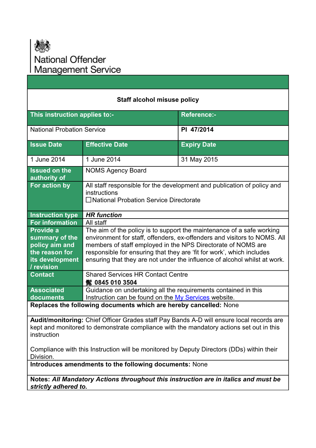 Staff Alcohol Misuse Policy