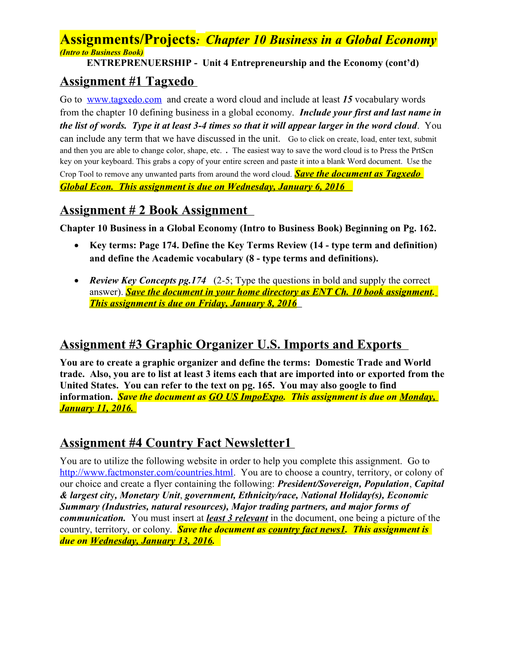 Assignments/Projects: Chapter 10 Business in a Global Economy