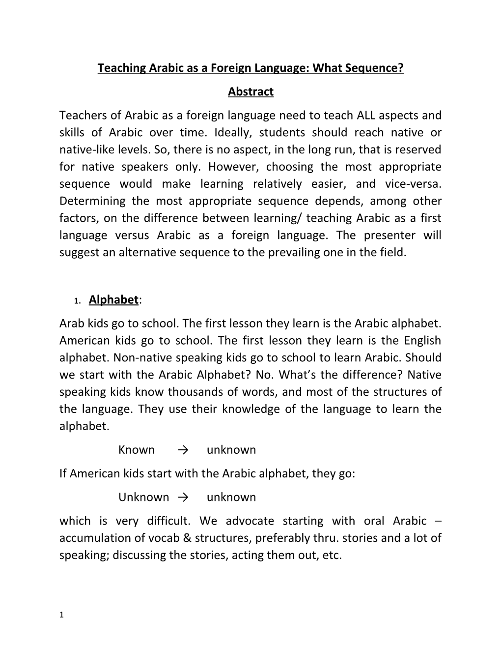 Teaching Arabic As a Foreign Language: What Sequence?