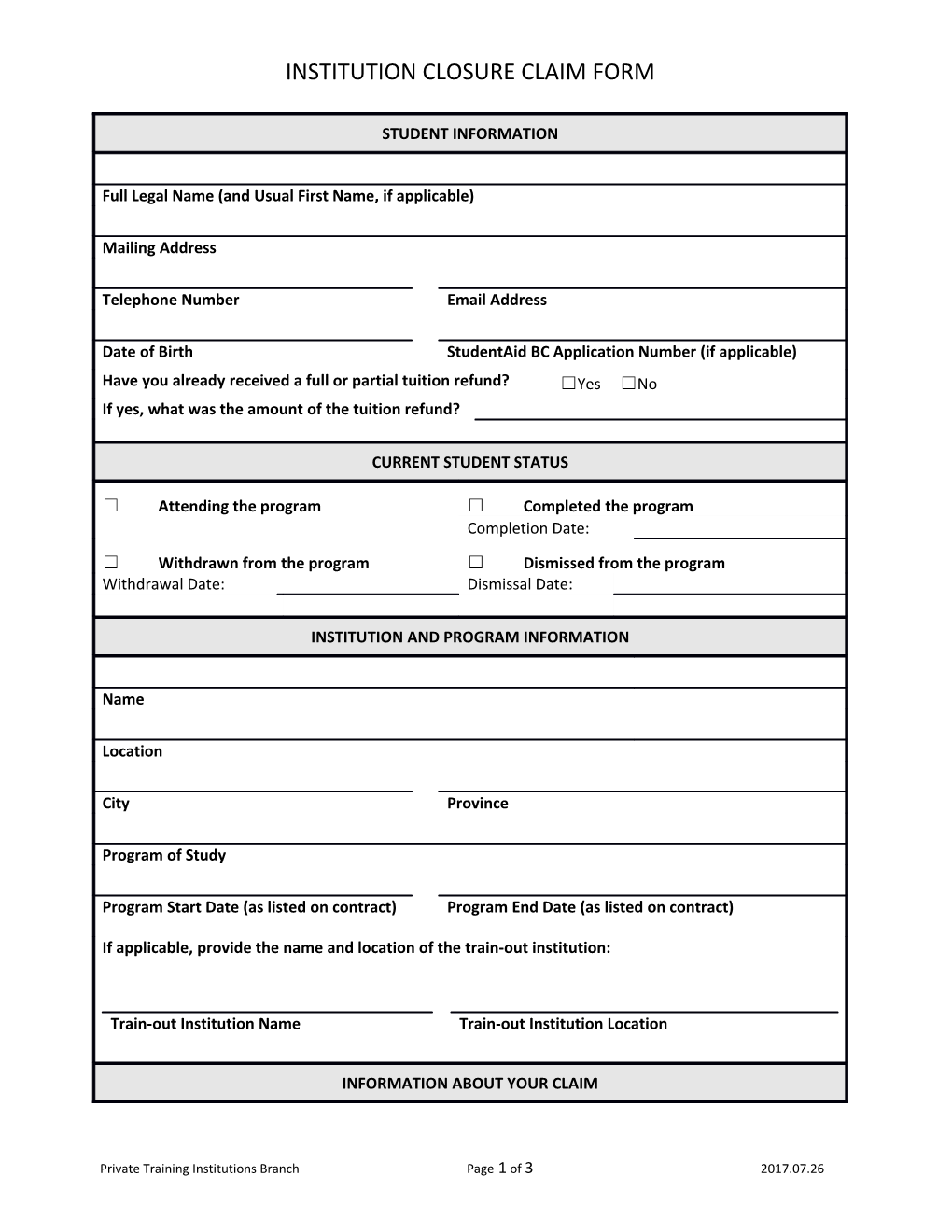 Student Tuition Protection Fund Claim Form