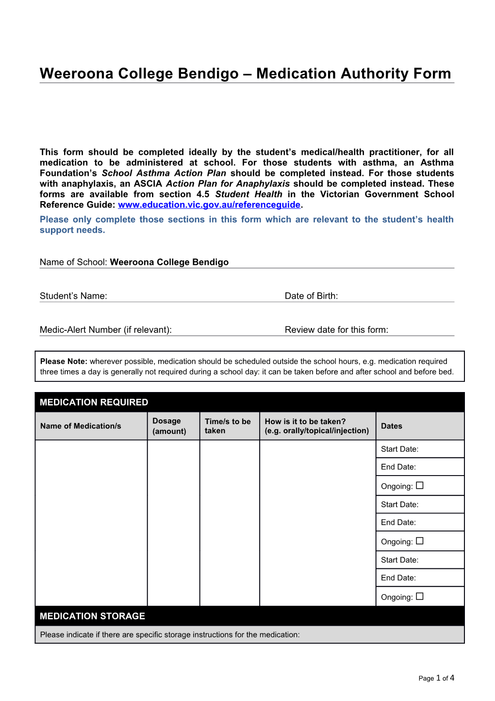 Weeroona College Bendigo Medication Authority Form