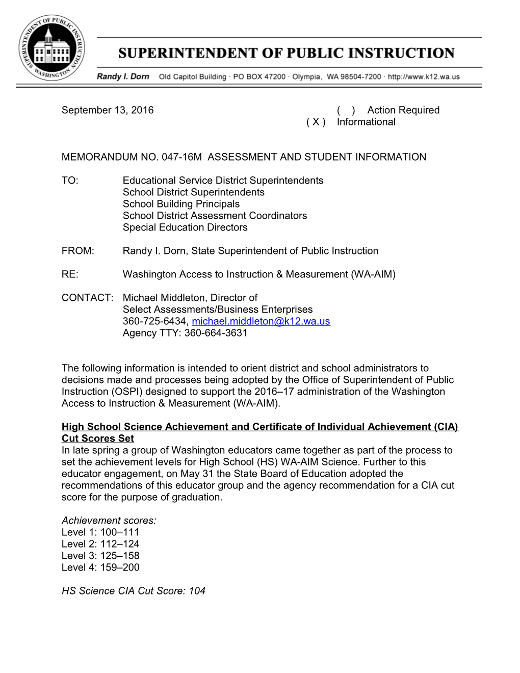 Memorandum No. 047-16M Assessment and Student Information