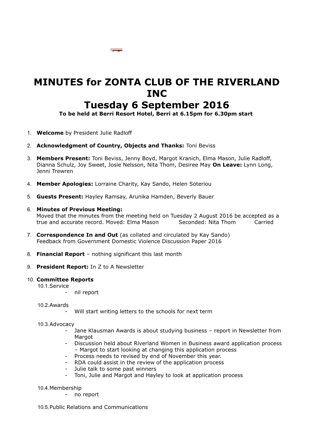 MINUTES for ZONTA CLUB of the RIVERLAND INC