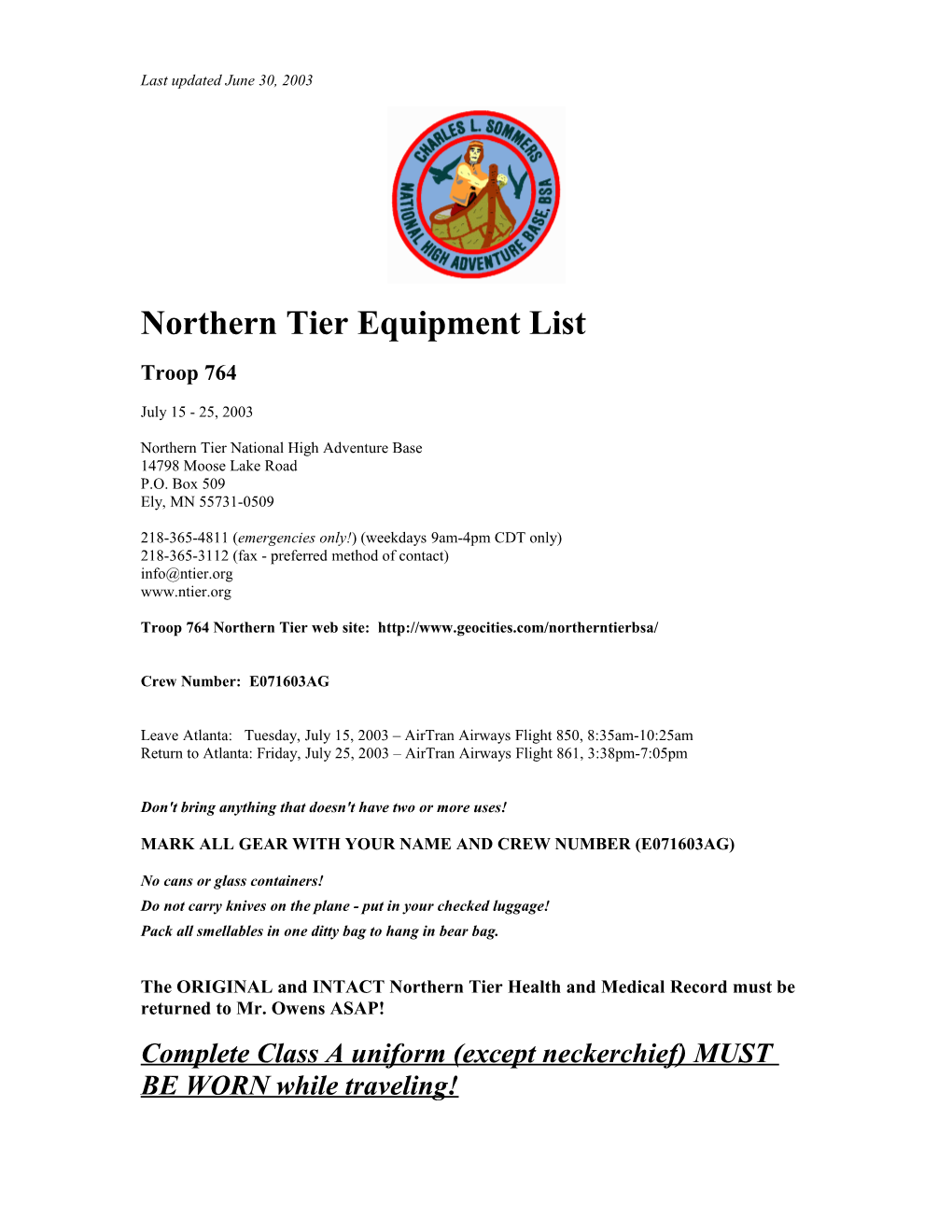 Northern Tier Equipment List