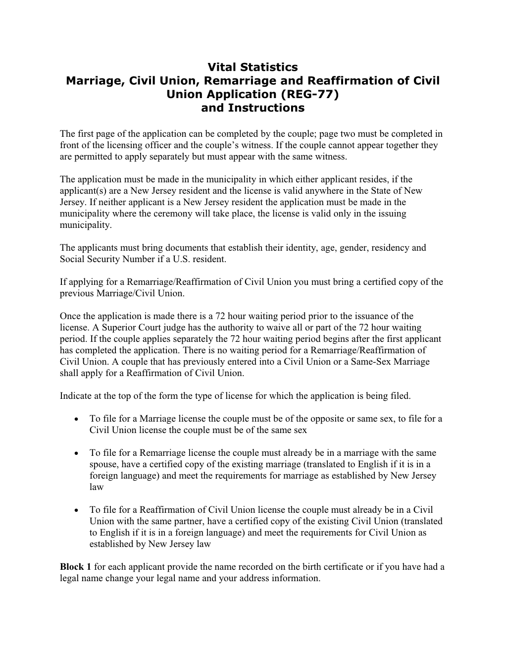 Marriage, Civil Union, Remarriage and Reaffirmation of Civil