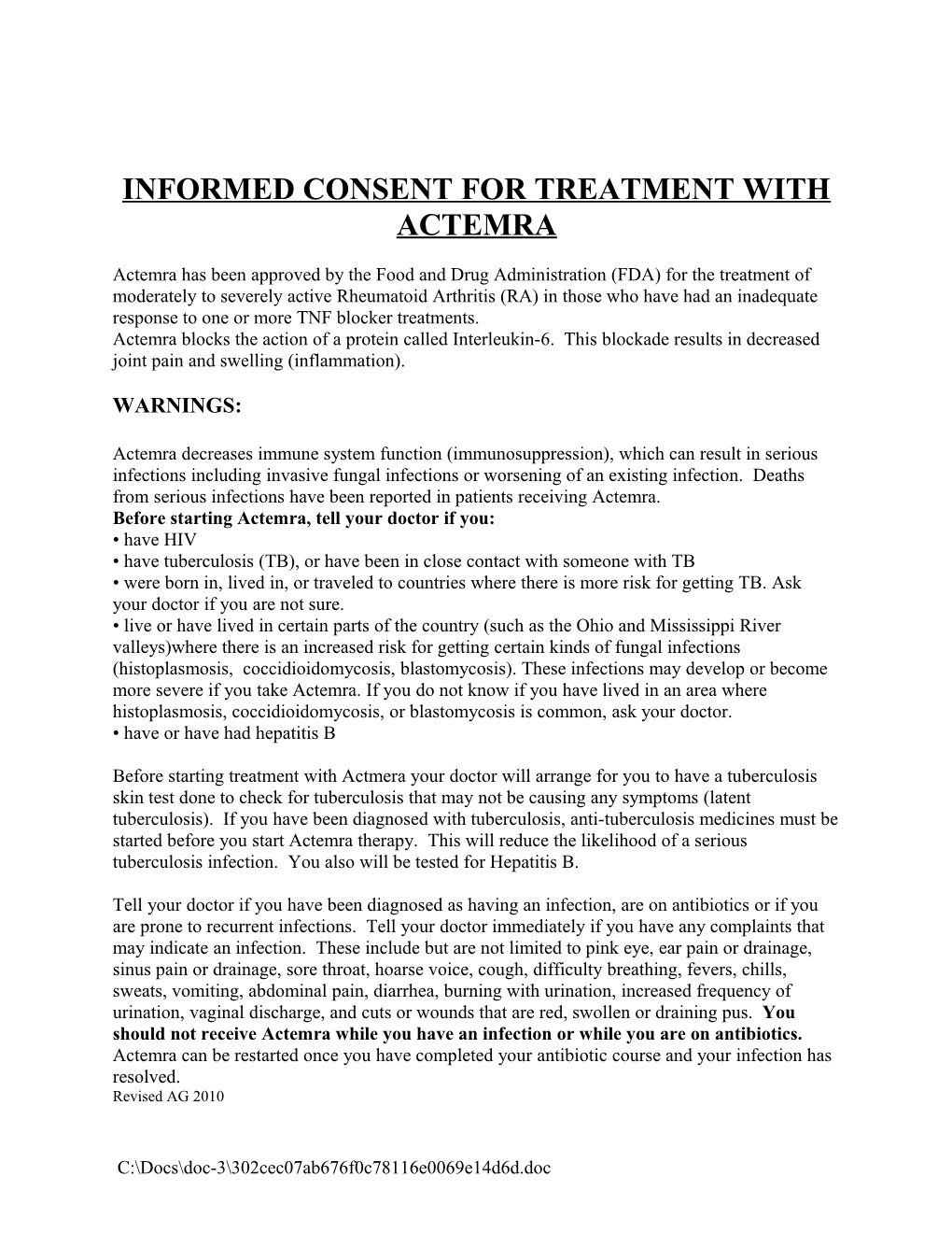 Informed Consent for Treatment with Cimxia