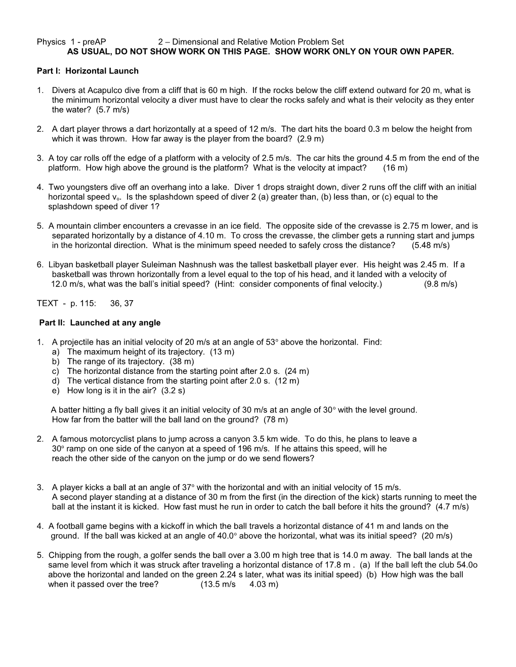 Physics 1 - Preap2 Dimensional and Relative Motion Problem Set