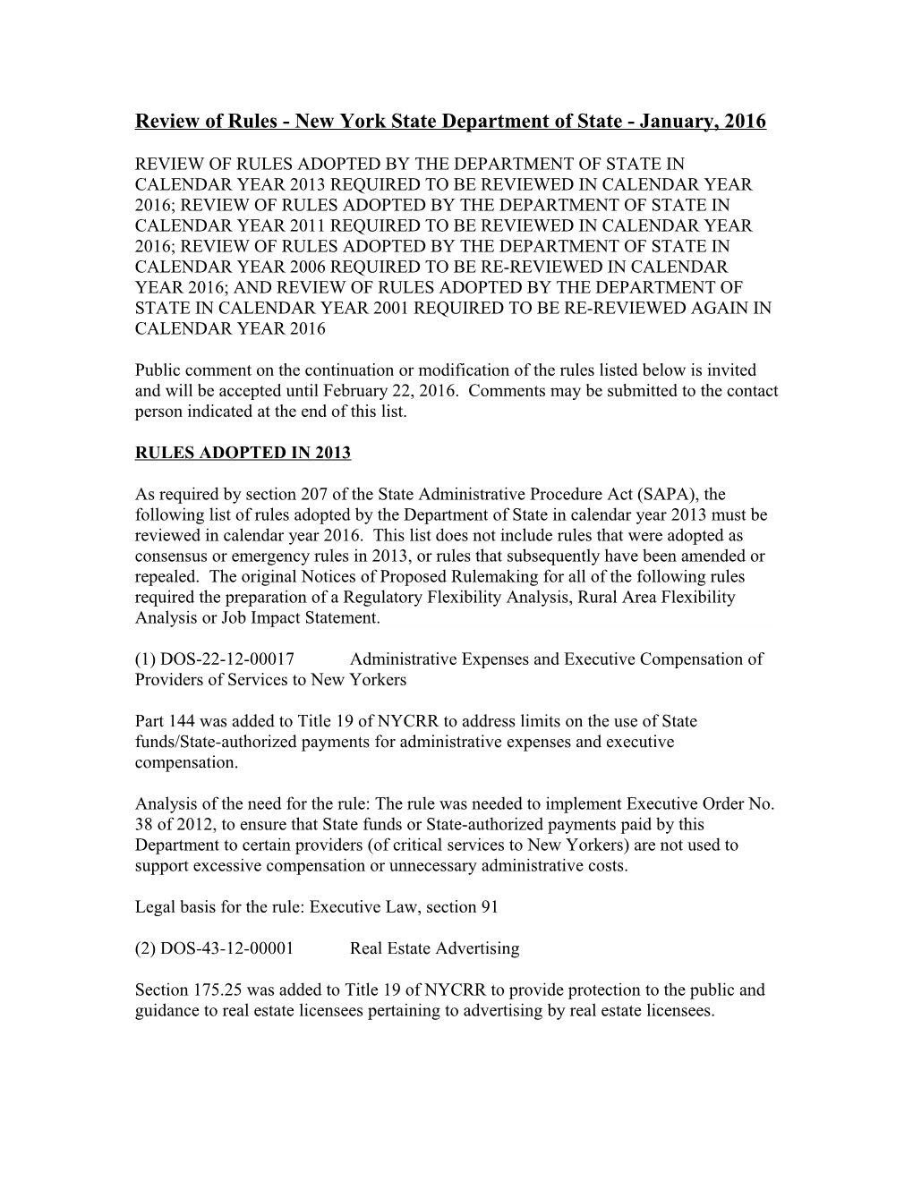 Five Year Review of Rules Adopted by the Department of State in Calendar Year 2006 Required