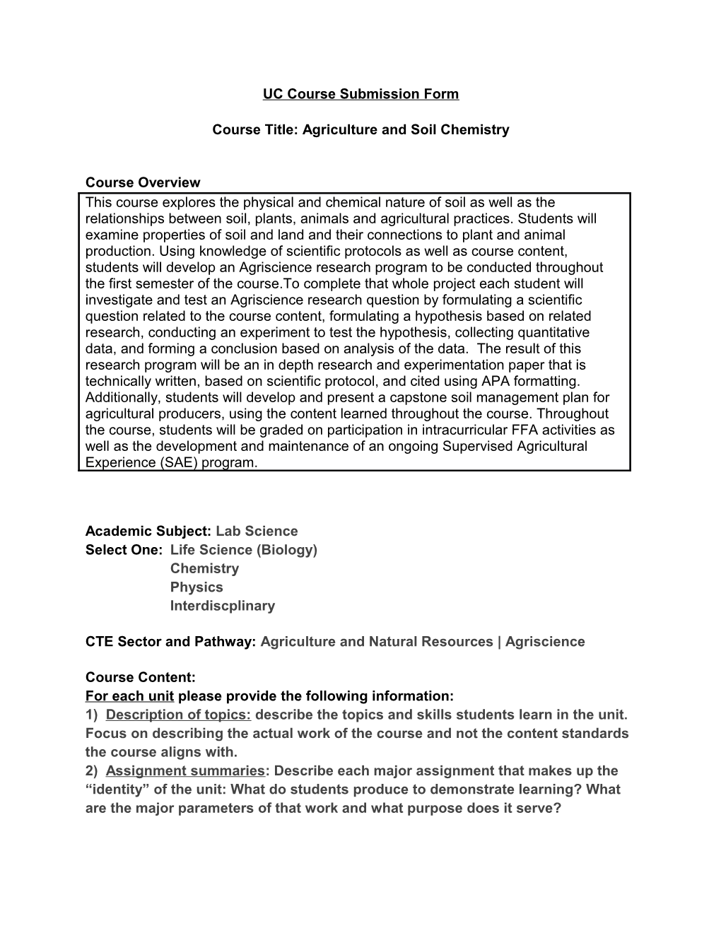 Course Title: Agriculture and Soil Chemistry