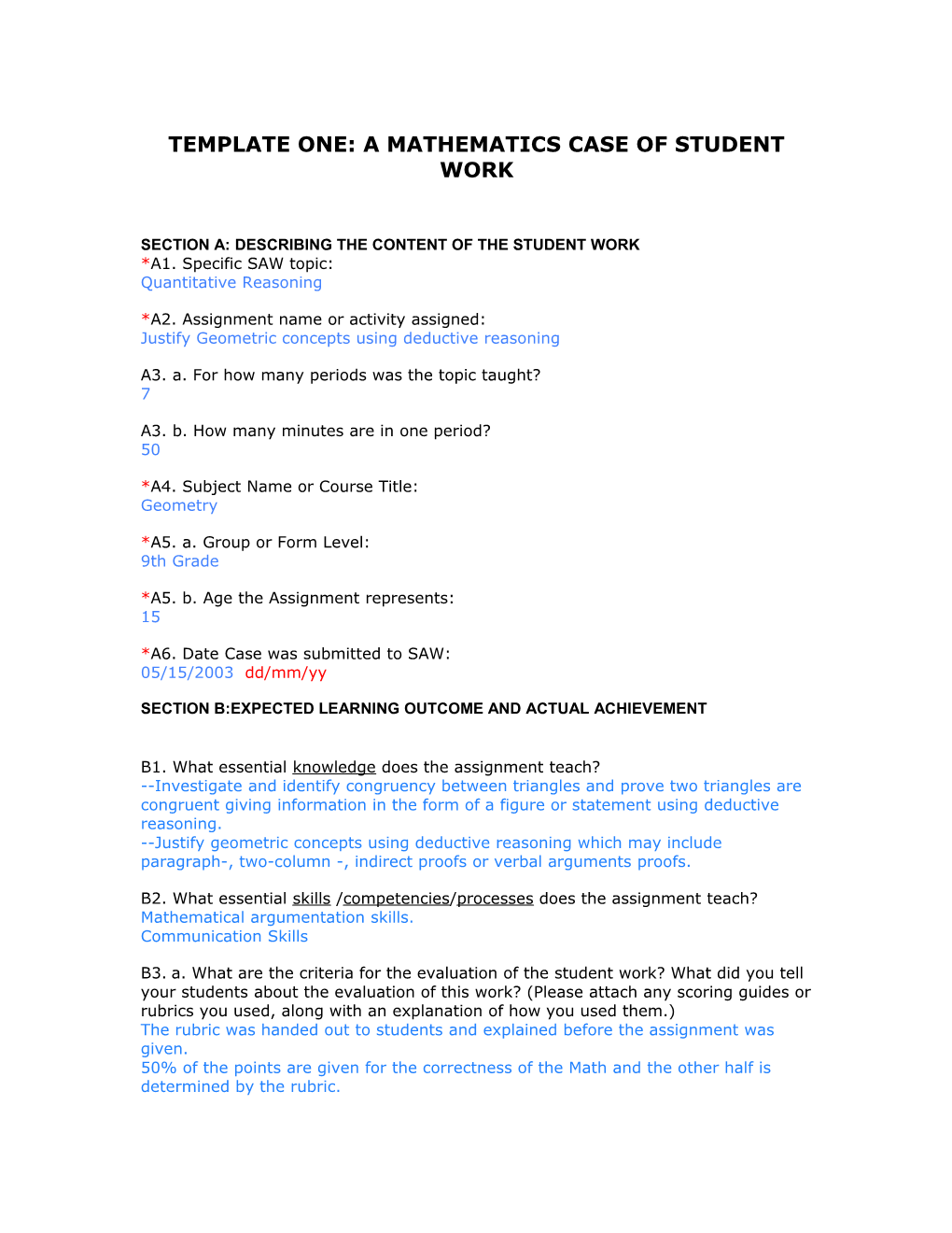 Template One: a Mathematics Case of Student Work