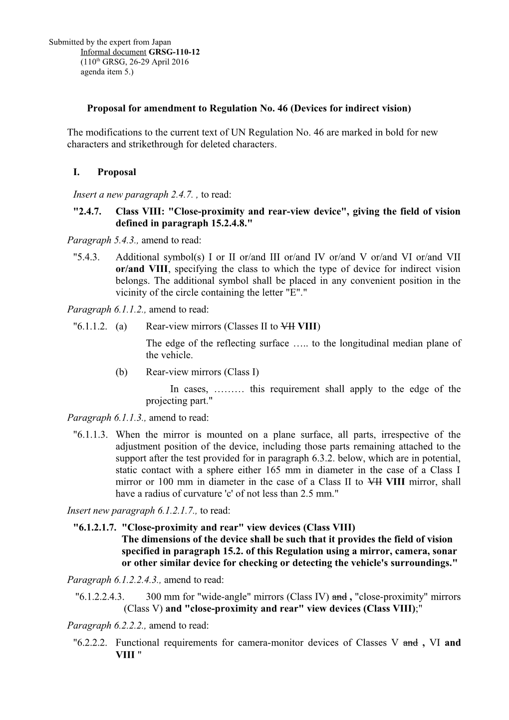 Proposal for Amendment to Regulation No. 46(Devices for Indirect Vision)