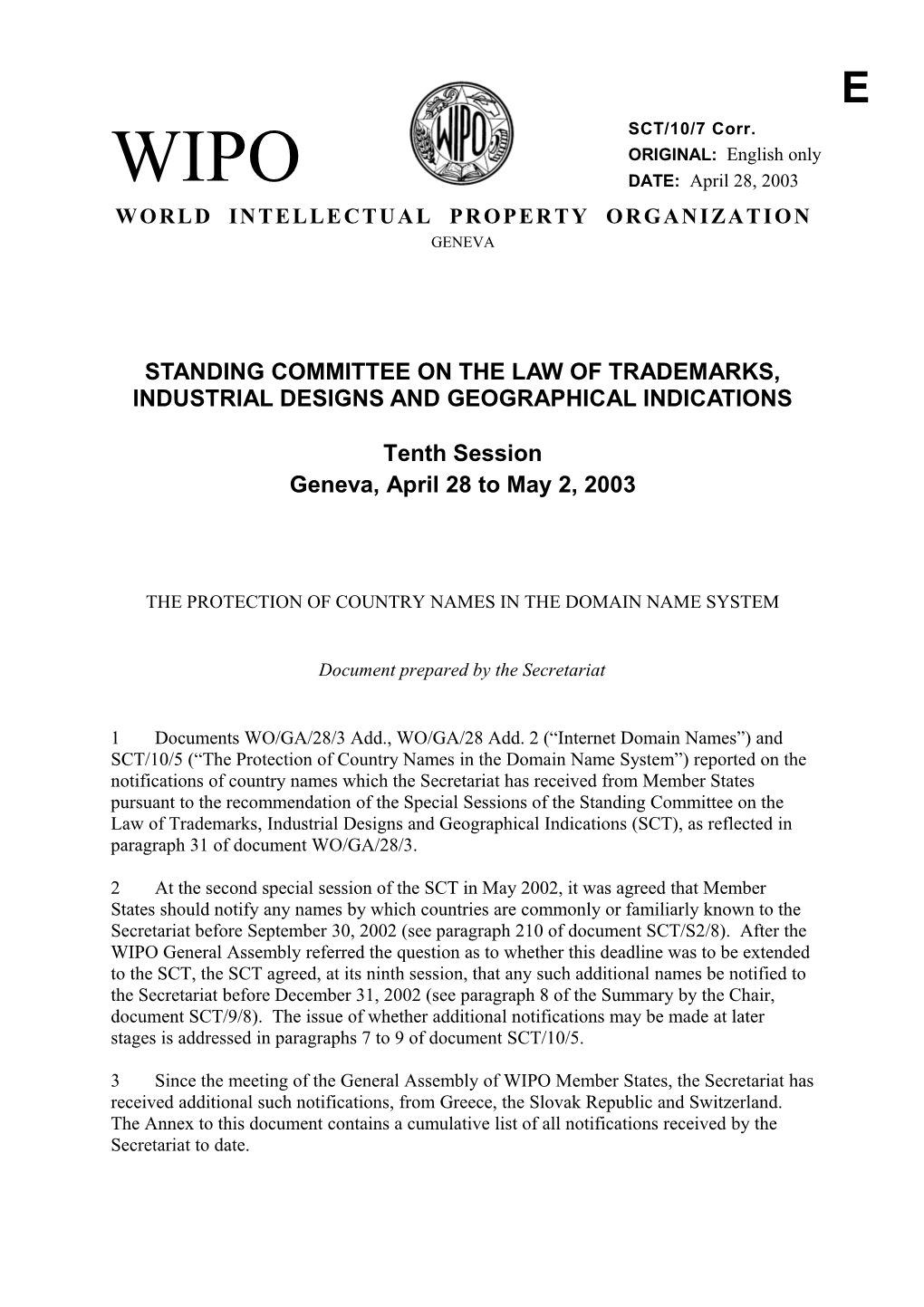 SCT/10/7 CORR.: the Protection of Country Names in the Domain Name System