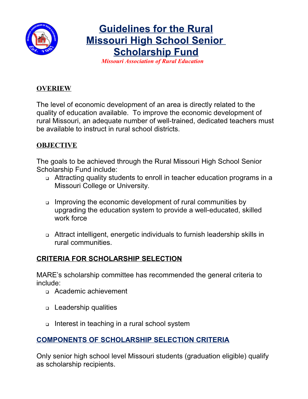 Guidelines for the Rural Missouri Scholarship Fund