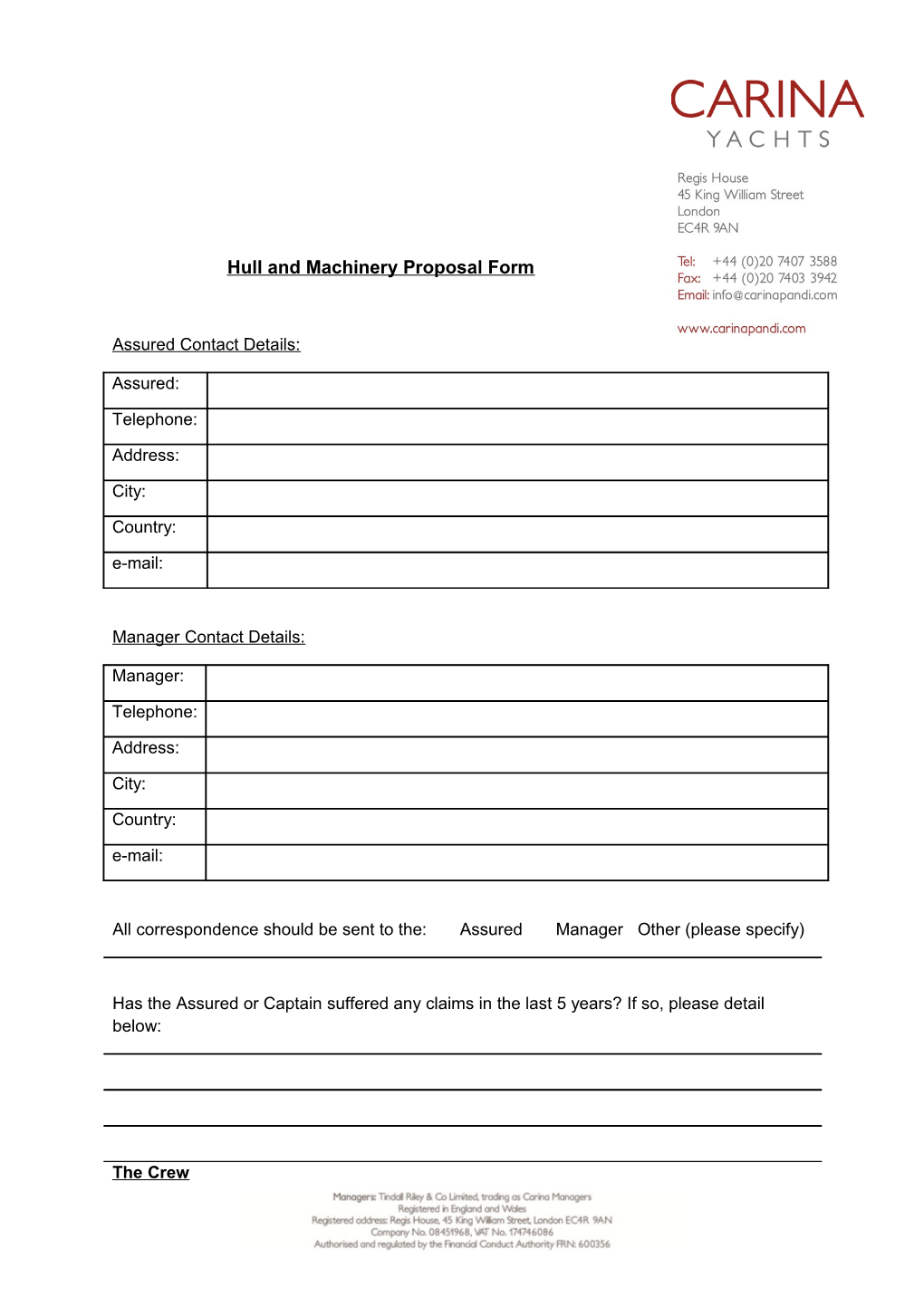 Hull and Machinery Proposal Form