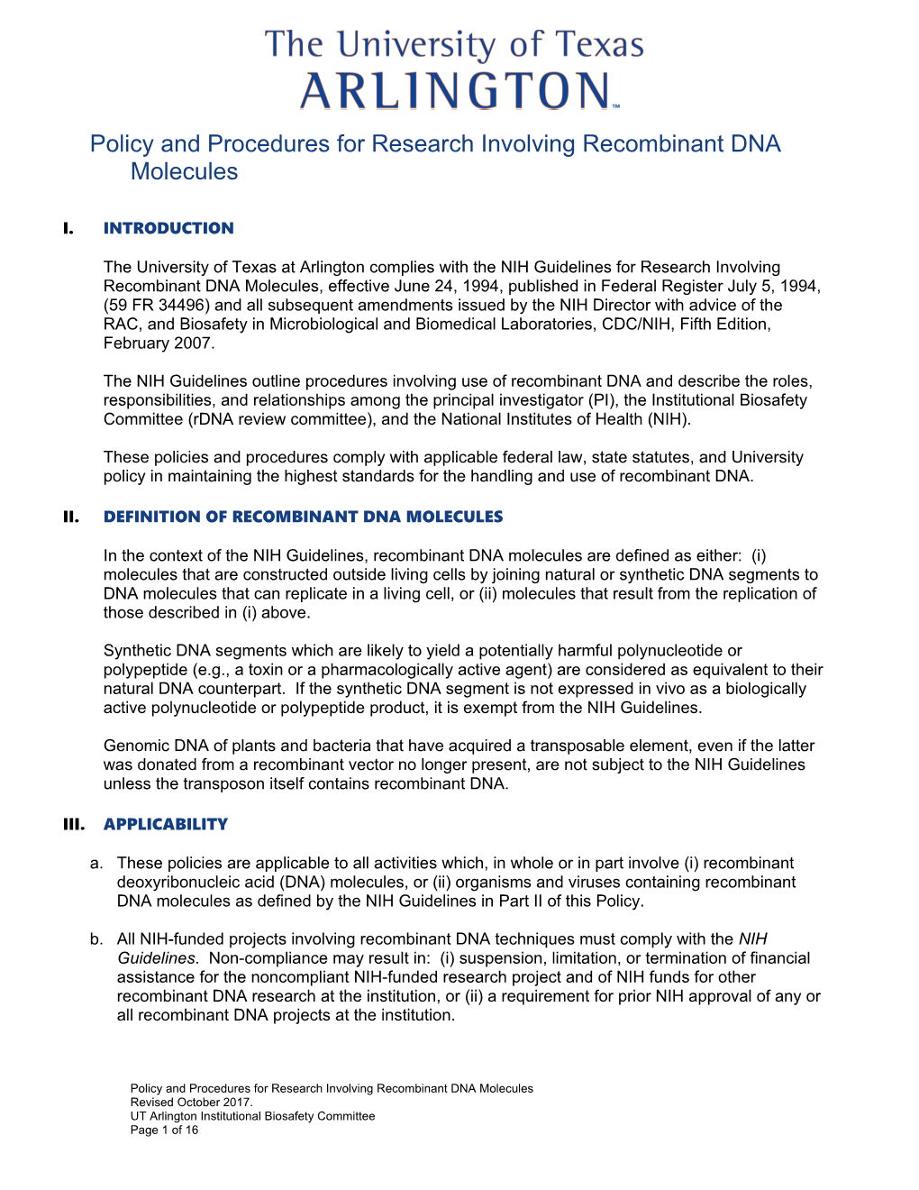 Policy and Procedures for Research Involving Recombinant DNA Molecules