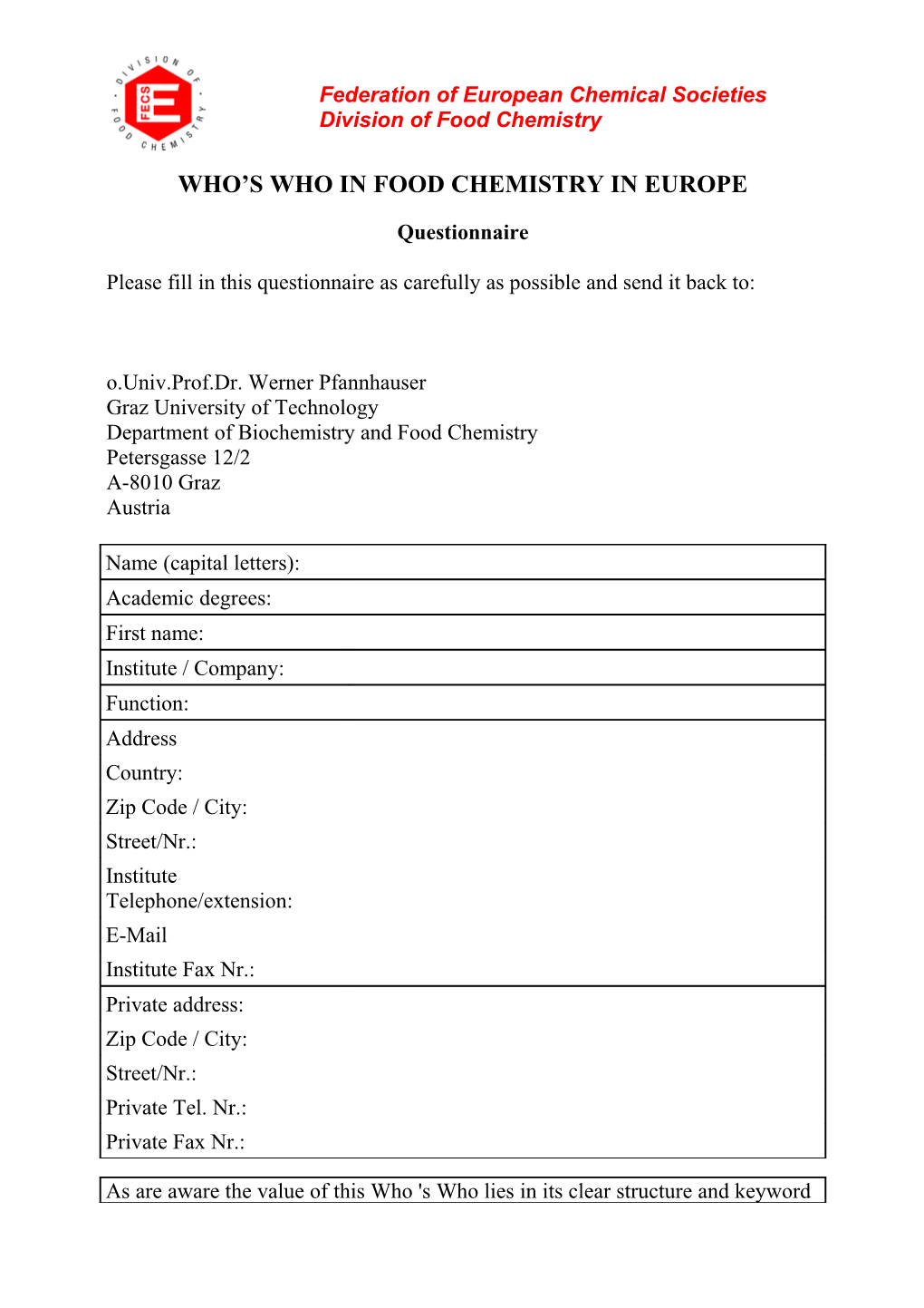 Who S Who in Food Chemistry in Europe