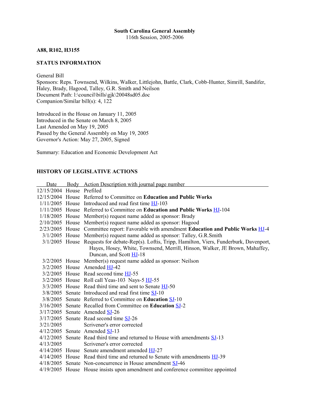 2005-2006 Bill 3155: Education and Economic Development Act - South Carolina Legislature Online