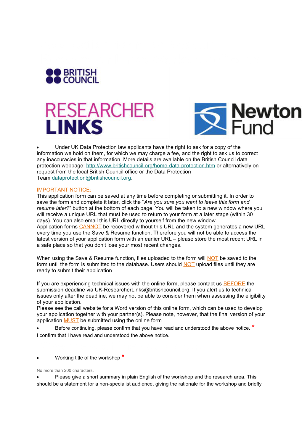 Application Form for Newton Researcher Links Workshop Grants