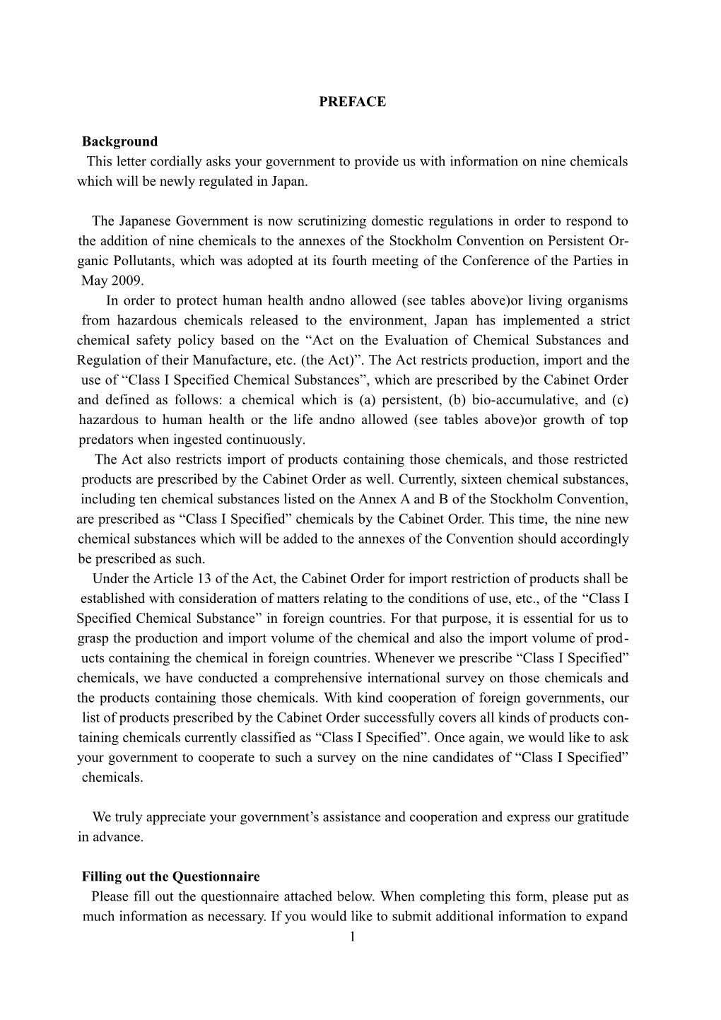 This Letter Cordially Asks Your Government to Provide Us with Information on Nine Chemicals