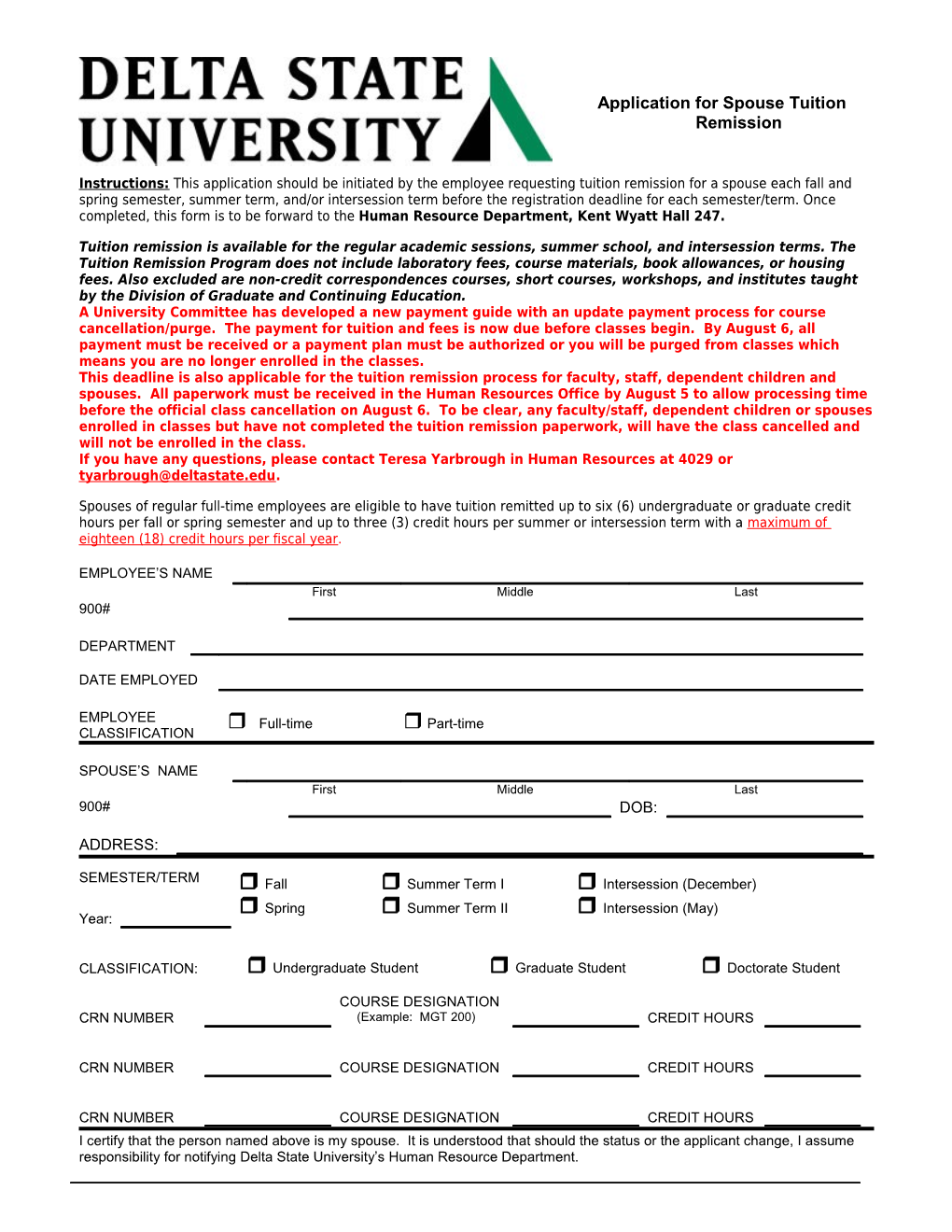 Application for Spouse Tuition Remission