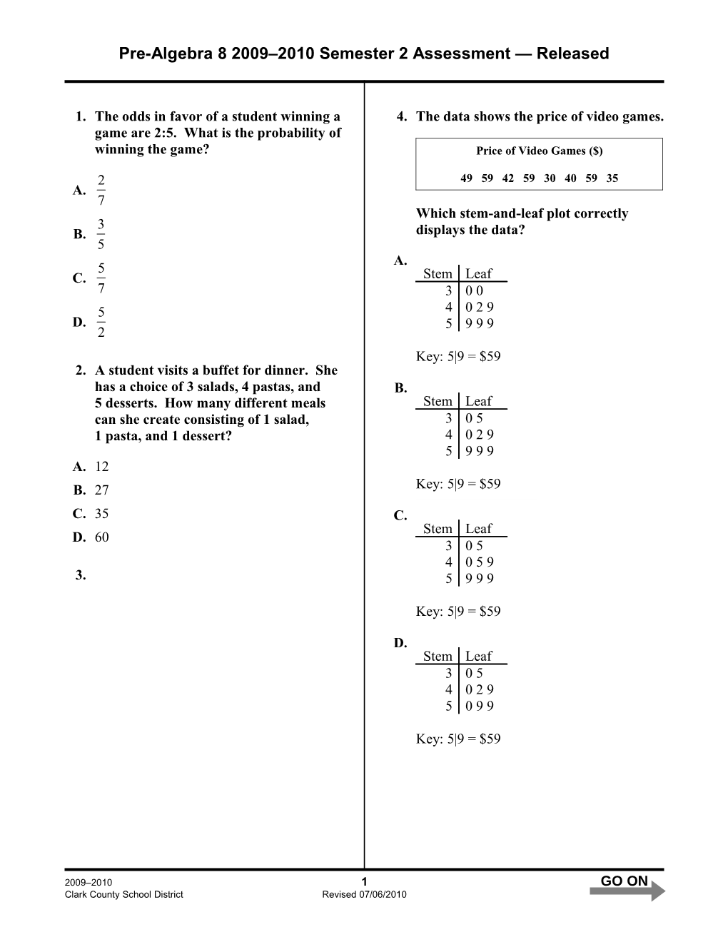 Pre-Algebra 82009 2010 Semester 2 Assessment Released