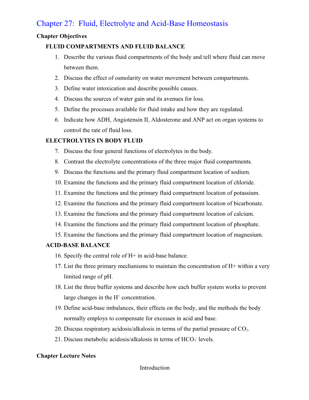 Chapter 27: Fluid, Electrolyte and Acid-Base Homeostasis