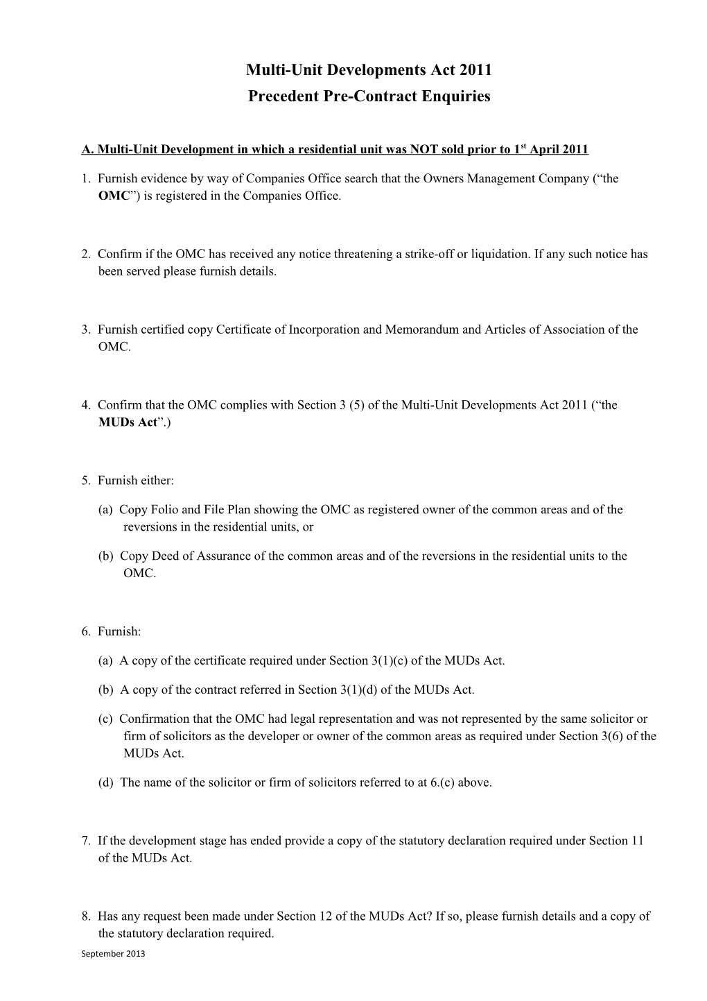 Pre-Contract Enquiries in Relation to Units in a Multi-Unit Development