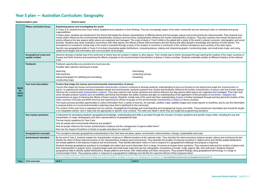 Year 5 Plan Australian Curriculum: Geography