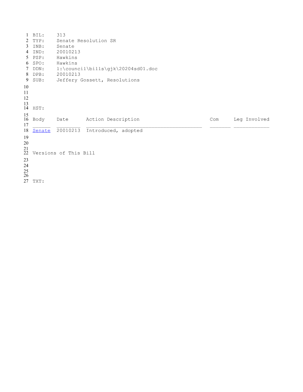 2001-2002 Bill 313: Jeffery Gossett, Resolutions - South Carolina Legislature Online