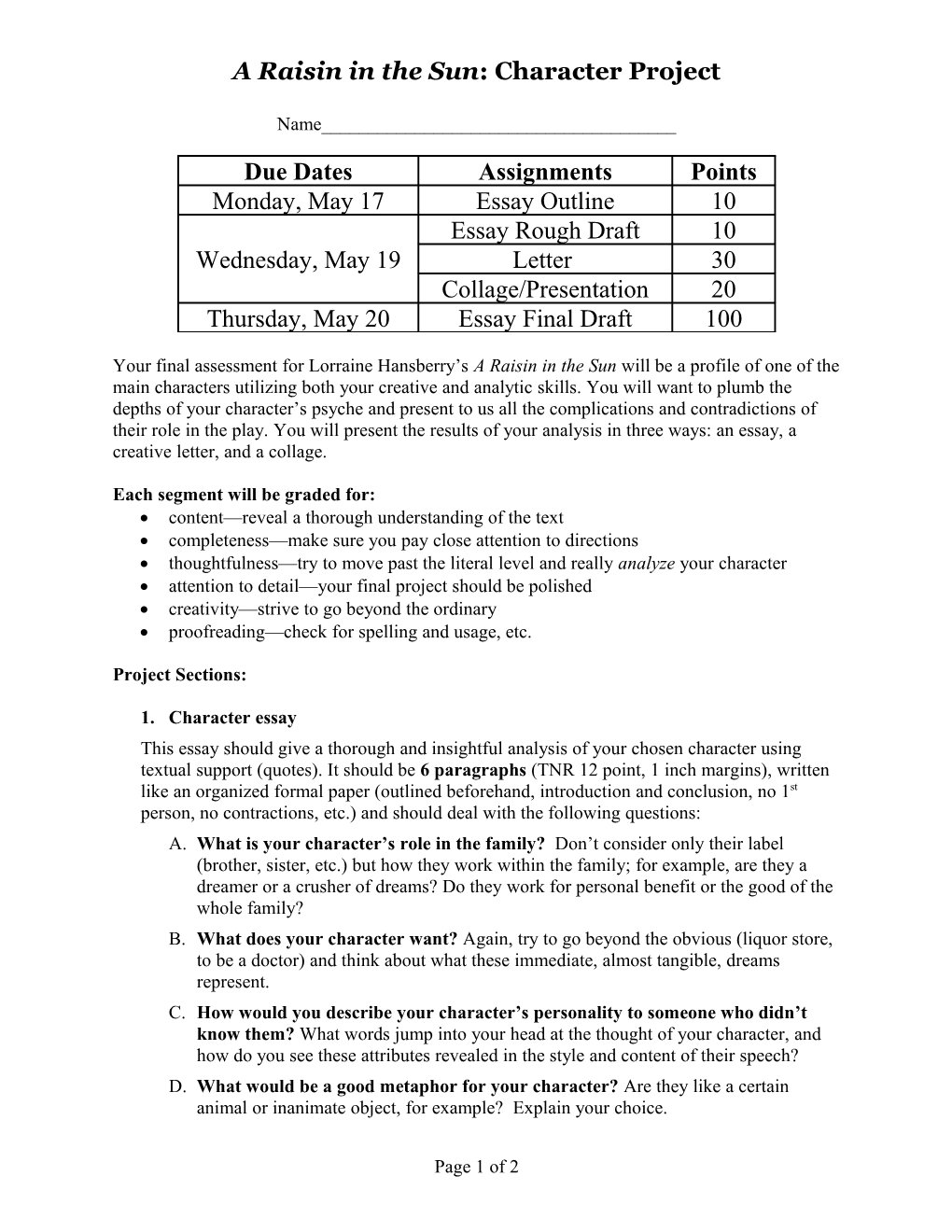 A Raisin in the Sun: Character Project