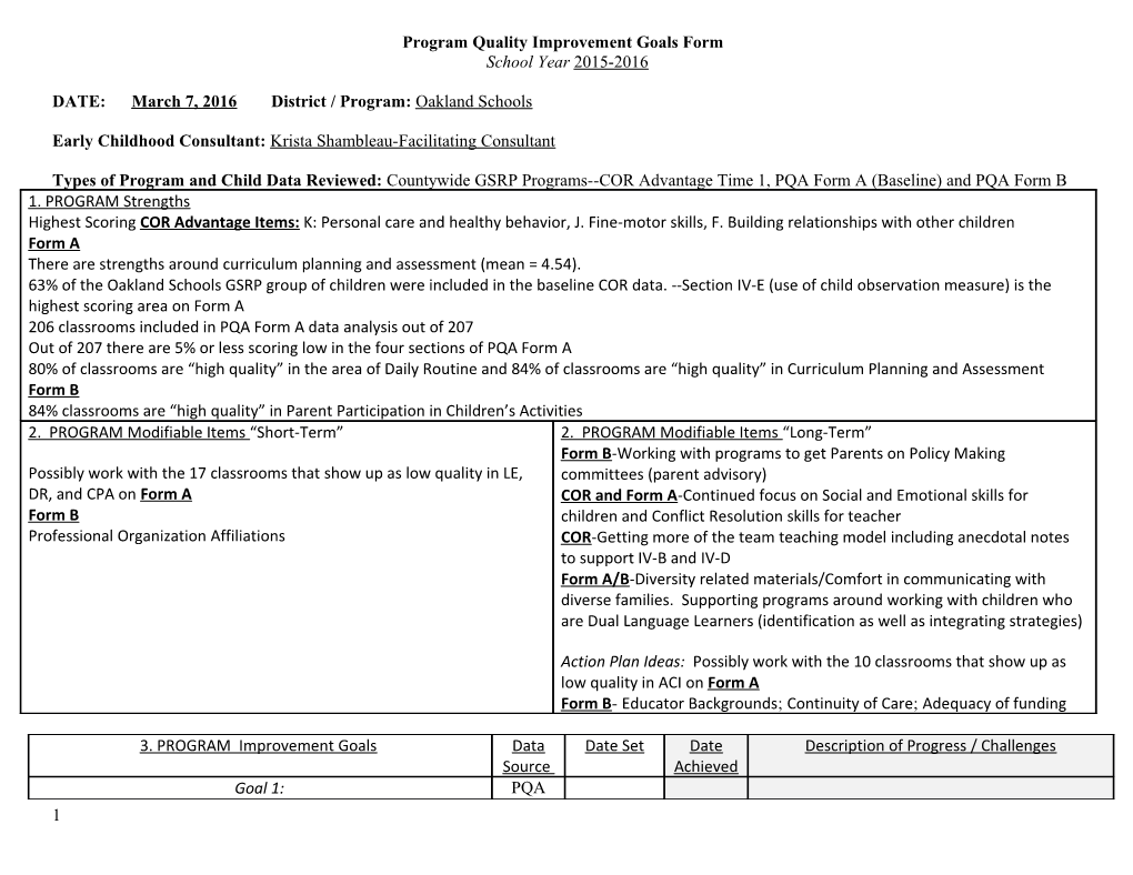 Program Quality Improvement Goals Form