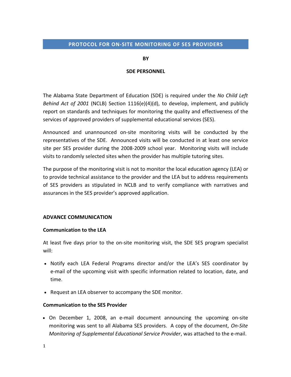 Protocol for On-Site Monitoring of Ses Providers