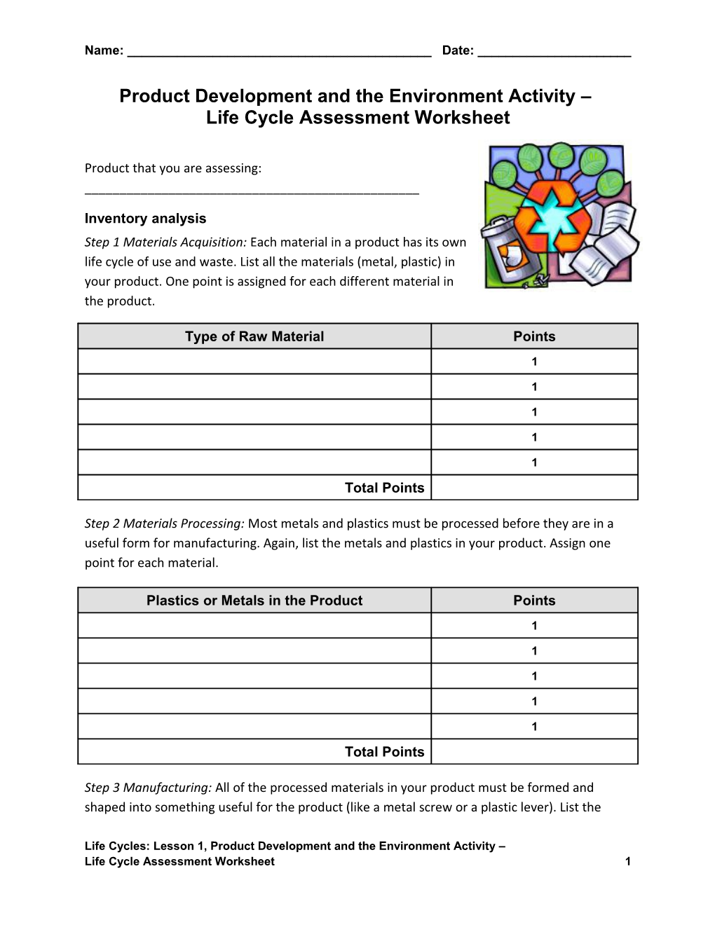 Product Development and the Environment Activity Life Cycle Assessment Worksheet