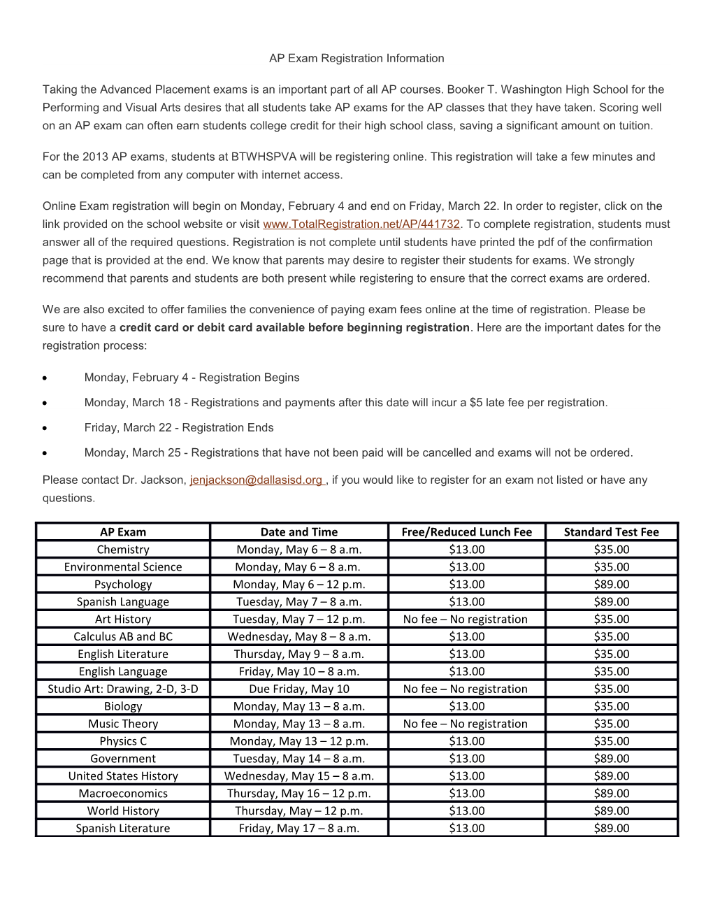 AP Exam Registration Information